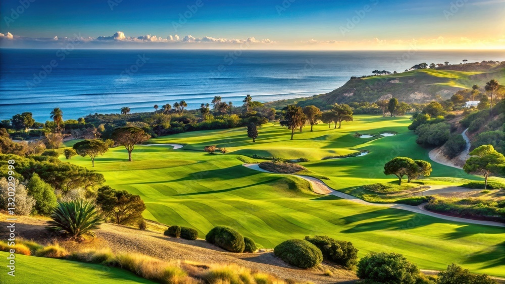 Fototapeta premium Rolling hills and fairways of a golf course with a stunning panoramic ocean view in La Jolla, California , Panoramic View, Golf Course