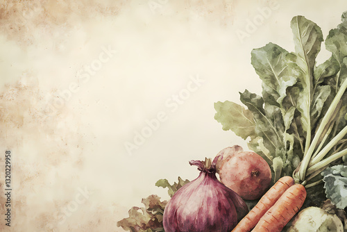 Fresh Harvest: A vibrant assortment of fresh produce, including crisp carrots, a deep red onion, beets, and lush green leaves, artfully arranged with a rustic aesthetic. 