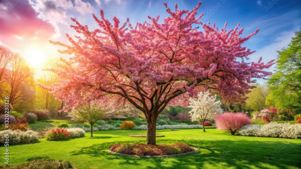 Naklejka premium A vibrant bright pink cherry blossom tree stands alone in a lush green garden surrounded by vibrant flowers and foliage on a warm sunny day, botanical photography, blooming trees