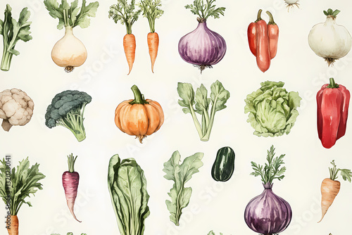 Assortment of Fresh Vegetables: An artistic array of vibrant vegetables meticulously arranged, showcasing the natural beauty and freshness of a healthy harvest.