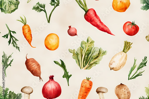 Vibrant Vegetable Medley: A watercolor-style illustration showcasing an assortment of fresh, colorful vegetables, exuding the essence of healthy eating and natural goodness.