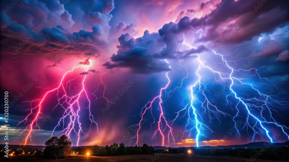 Fototapeta premium Ethereal pink and blue lightning bolts strike a darkened evening sky, creating a mesmerizing display of colorful electricity , atmospheric phenomenon, cosmos