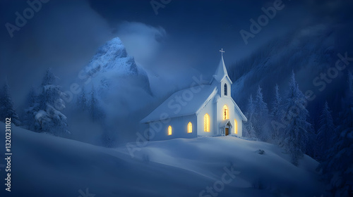 Wallpaper Mural Night Scene of Illuminated Church in Snowy Mountain Landscape, Serene Winter Wonderland with Glowing Windows at Night Torontodigital.ca