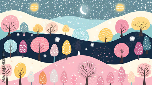 Wallpaper Mural Stylized Winter Landscape Illustration with Colorful Trees Under Night Sky and Moon Torontodigital.ca