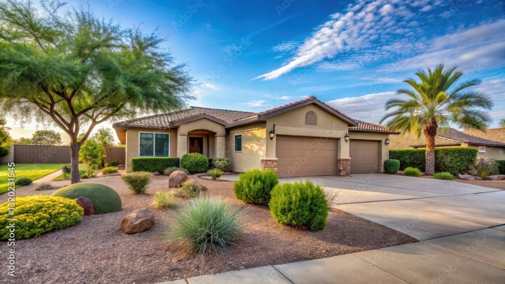 A serene suburban landscape with a single-story residence in a quiet southwest Arizona neighborhood, garden oasis, natural scenery A serene suburban landscape with a single-story residence in a quiet southwest Arizona neighborhood, garden oasis, natural scenery