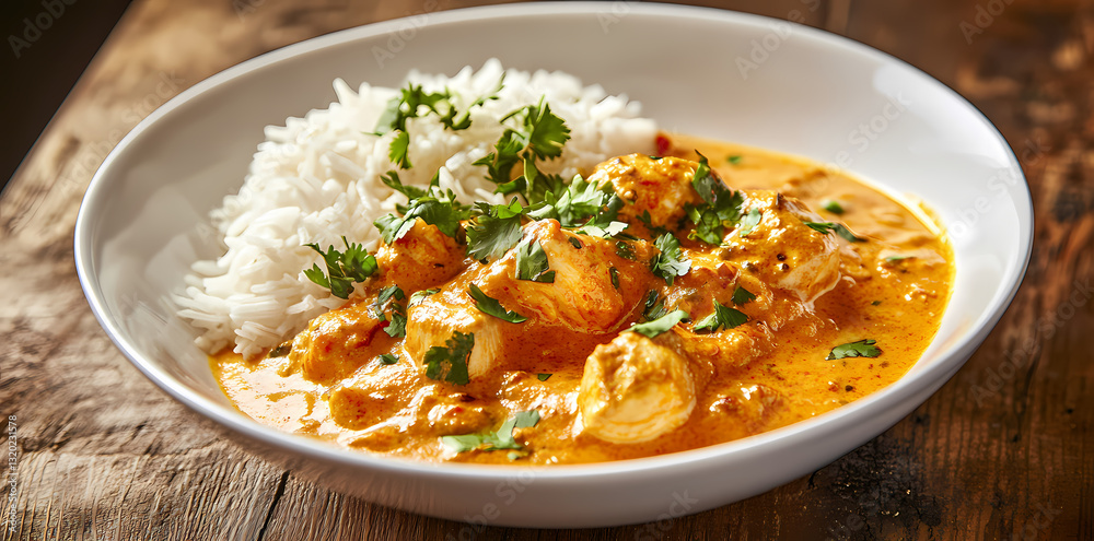 Creamy Coconut Curry: This picture showcases a creamy, vibrant coconut curry with succulent chunks of chicken, served atop a bed of fluffy white rice, garnished with fresh cilantro. The rich sauce. Creamy Coconut Curry: This picture showcases a creamy, vibrant coconut curry with succulent chunks of chicken, served atop a bed of fluffy white rice, garnished with fresh cilantro. The rich sauce.