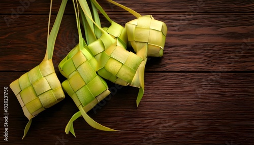 Ketupat Pouches on Wooden Background - indonesian food 