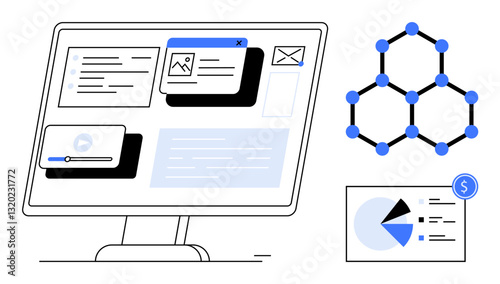 Desktop displaying multimedia files, charts, and icons beside network structure and financial graph. Ideal for technology, productivity, teamwork, analytics, finance, education information