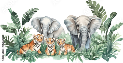 Watercolor illustration of a family of elephants and tigers with cubs in the jungle on a white background