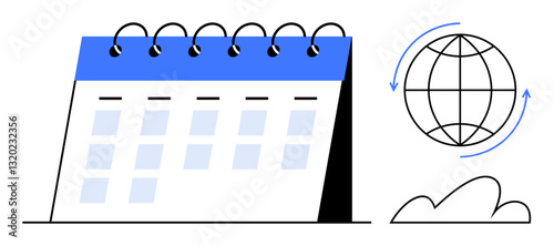 Desk calendar with spiral binding next to a globe symbolizing worldwide connections, planning, and scheduling. Ideal for organization, productivity, time management, global events, travel, education