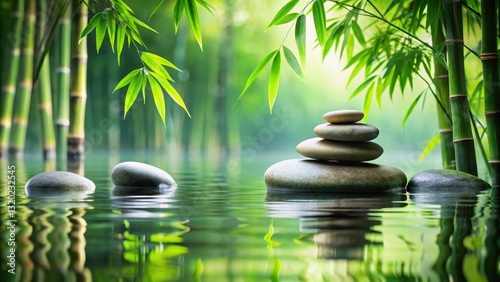 Serene Zen stones nestled among lush greenery and swaying bamboo in a reflective pool of calm water, conveying a sense of harmony with the natural world, harmony, greenery
