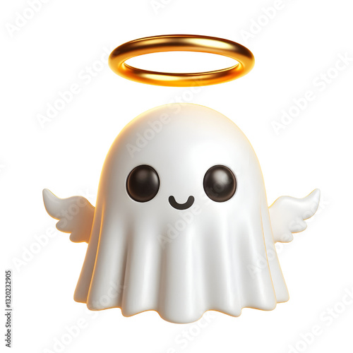 Cute 3d ghost cloak surrounded by a golden halo isolated on white background