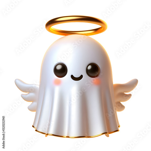 Cute 3d ghost cloak surrounded by a golden halo isolated on white background