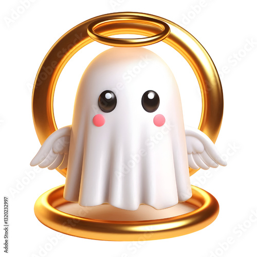 Cute 3d ghost cloak surrounded by a golden halo isolated on white background