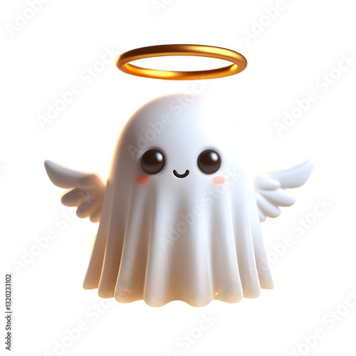 Cute 3d ghost cloak surrounded by a golden halo isolated on white background