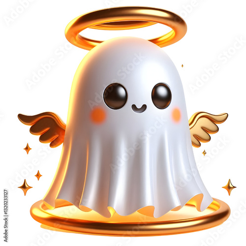 Cute 3d ghost cloak surrounded by a golden halo isolated on white background