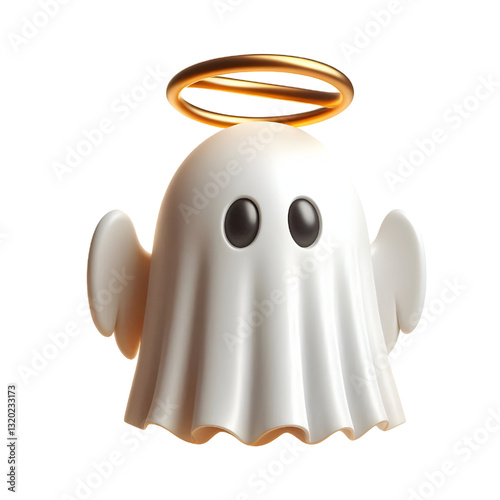 Cute 3d ghost cloak surrounded by a golden halo isolated on white background