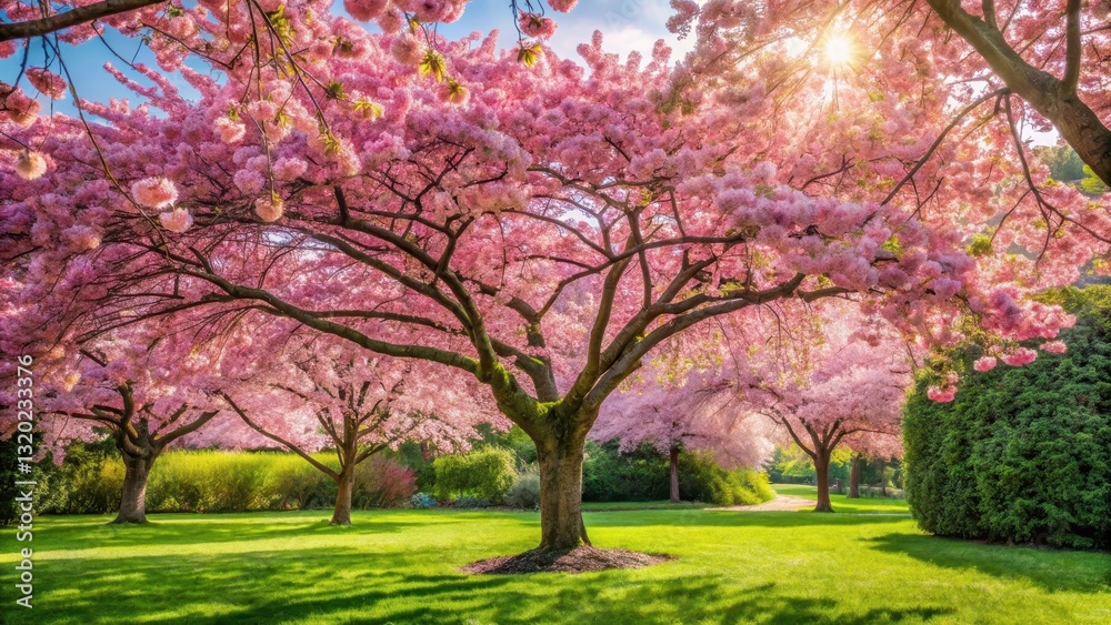A serene garden scene features a beautiful tree with vibrant pink cherry blossoms and lush greenery in full bloom during spring, cherry blossom garden, garden design A serene garden scene features a beautiful tree with vibrant pink cherry blossoms and lush greenery in full bloom during spring, cherry blossom garden, garden design