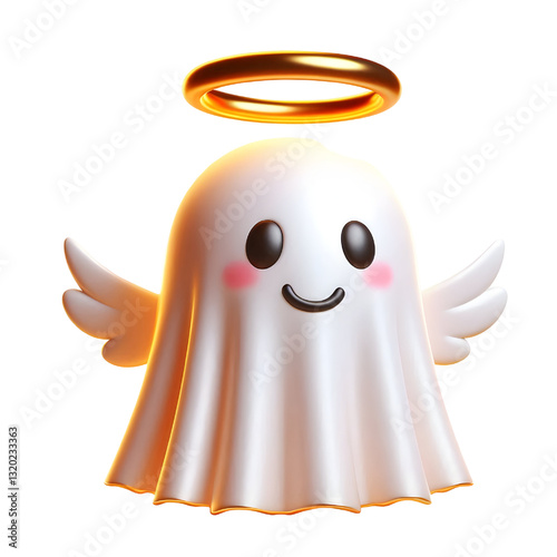 Cute 3d ghost cloak surrounded by a golden halo isolated on white background
