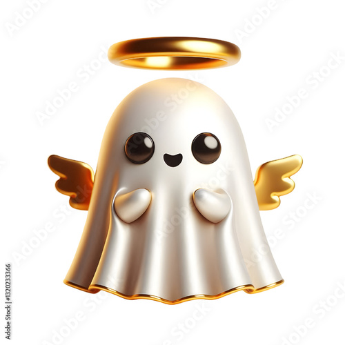Cute 3d ghost cloak surrounded by a golden halo isolated on white background