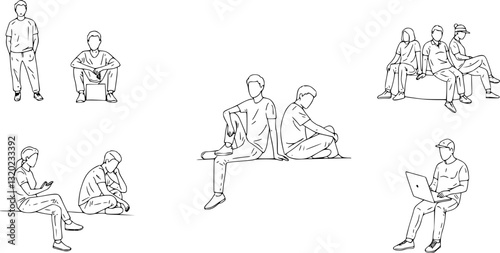Vector illustration, Outline silhouettes of people, Contour drawing, people silhouette, Icon Set Isolated , Silhouette of sitting people, Architectural set