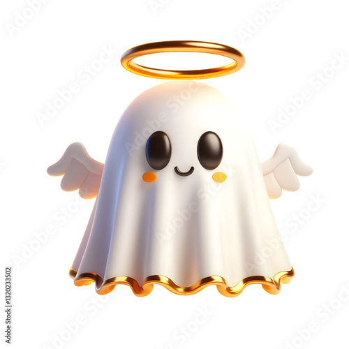 Cute 3d ghost cloak surrounded by a golden halo isolated on white background