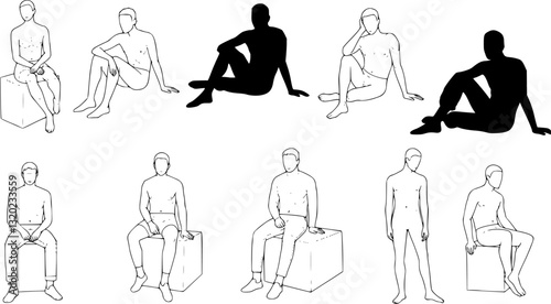 Vector illustration, Outline silhouettes of people, Contour drawing, people silhouette, Icon Set Isolated , Silhouette of sitting people, Architectural set