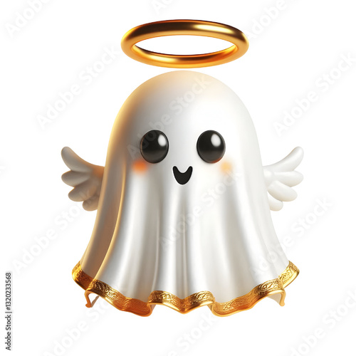 Cute 3d ghost cloak surrounded by a golden halo isolated on white background