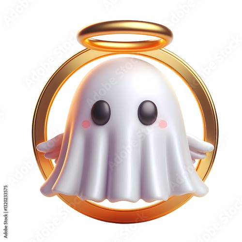 Cute 3d ghost cloak surrounded by a golden halo isolated on white background