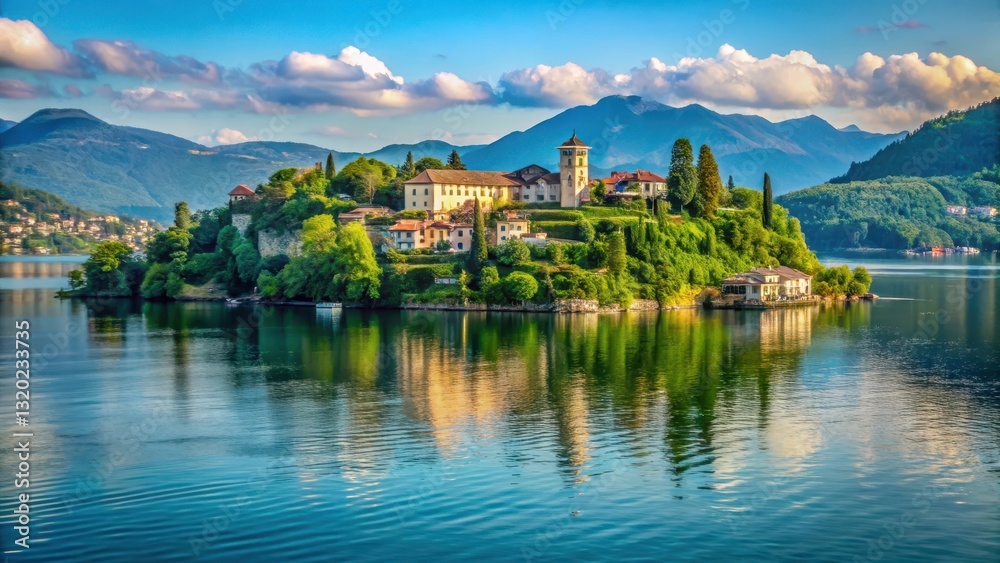 Serene lake scenery with Isola San Giulio in the distance, surrounded by lush greenery and a few trees, Italy Serene lake scenery with Isola San Giulio in the distance, surrounded by lush greenery and a few trees, Italy