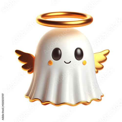 Cute 3d ghost cloak surrounded by a golden halo isolated on white background