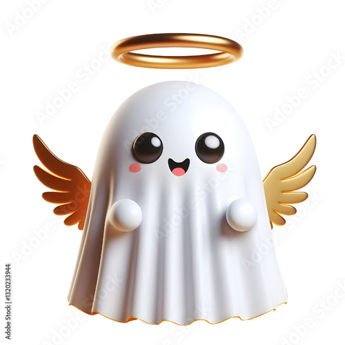 Cute 3d ghost cloak surrounded by a golden halo isolated on white background
