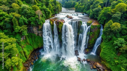 Vertical perspective of a colossal waterfall cascading downwards with foamy white waters and lush green foliage surrounding it in the depths of a dense forest, aerial view, nature