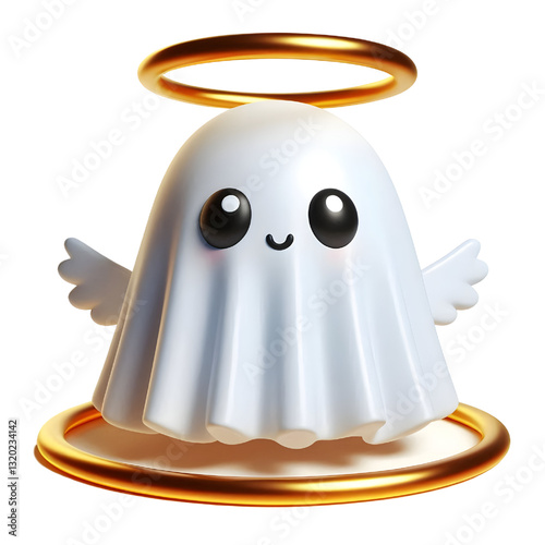 Cute 3d ghost cloak surrounded by a golden halo isolated on white background