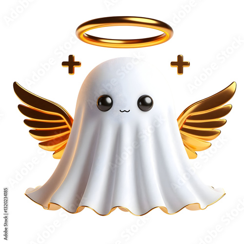Cute 3d ghost cloak surrounded by a golden halo isolated on white background