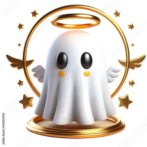 Cute 3d ghost cloak surrounded by a golden halo isolated on white background