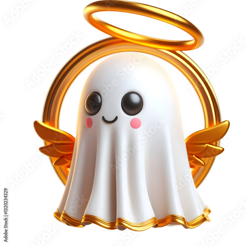 Cute 3d ghost cloak surrounded by a golden halo isolated on white background