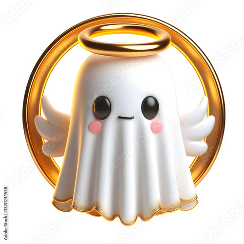 Cute 3d ghost cloak surrounded by a golden halo isolated on white background
