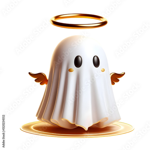 Cute 3d ghost cloak surrounded by a golden halo isolated on white background
