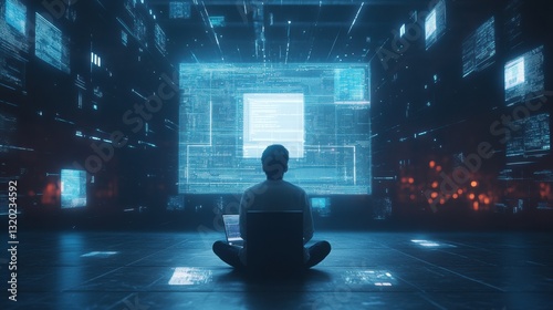 Student engages with AI driven virtual learning environment while seated at laptop in a modern workspace