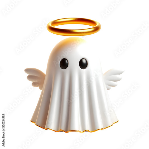 Cute 3d ghost cloak surrounded by a golden halo isolated on white background