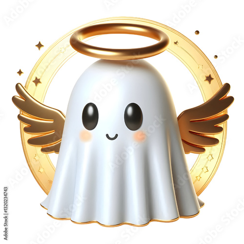 Cute 3d ghost cloak surrounded by a golden halo isolated on white background