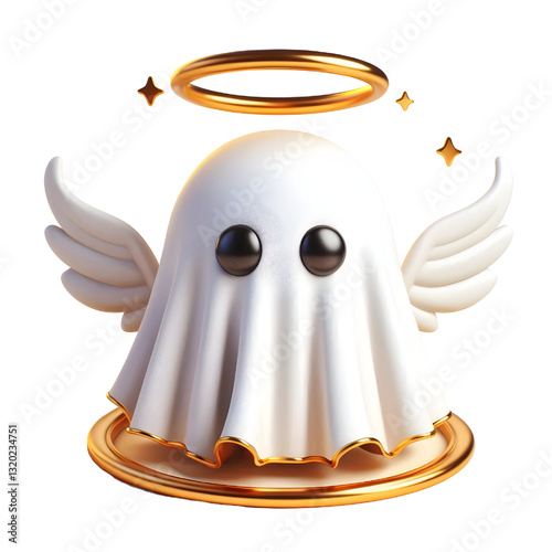 Cute 3d ghost cloak surrounded by a golden halo isolated on white background