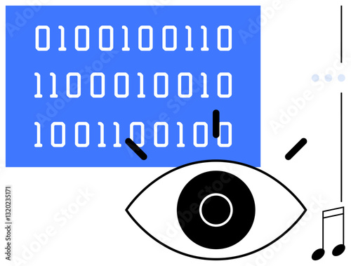 Eye graphic focuses on binary code in a blue background, combined with abstract music notes. Ideal for technology, data analysis, surveillance, creativity, coding, music tech visualization. A flat