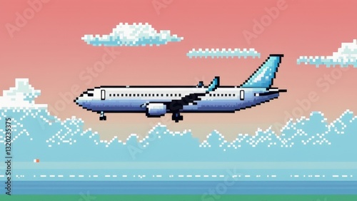  a pixel art airplane gliding through a vibrant sunset sky