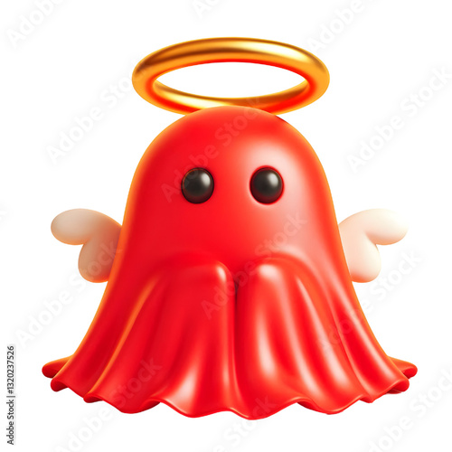 Cute 3d RED ghost cloak surrounded by a golden halo isolated on white background