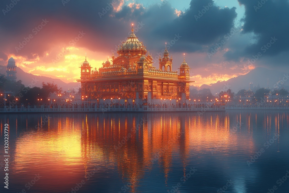 Fototapeta premium Evening View of Golden Temple Reflecting on Water in Amritsar India