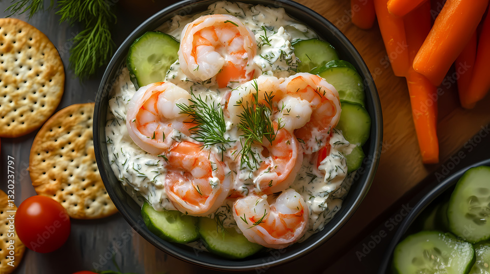Delectable Shrimp Appetizer: A tantalizing image of a creamy shrimp appetizer, surrounded by fresh cucumbers, crisp carrot sticks, and crackers, presented on a rustic surface. Delectable Shrimp Appetizer: A tantalizing image of a creamy shrimp appetizer, surrounded by fresh cucumbers, crisp carrot sticks, and crackers, presented on a rustic surface.