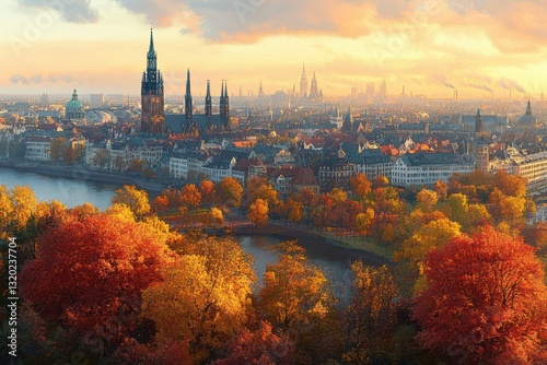 Aerial View of Hamburg at Sunset with Colorful Autumn Trees and Historic Architecture