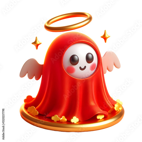 Cute 3d RED ghost cloak surrounded by a golden halo isolated on white background